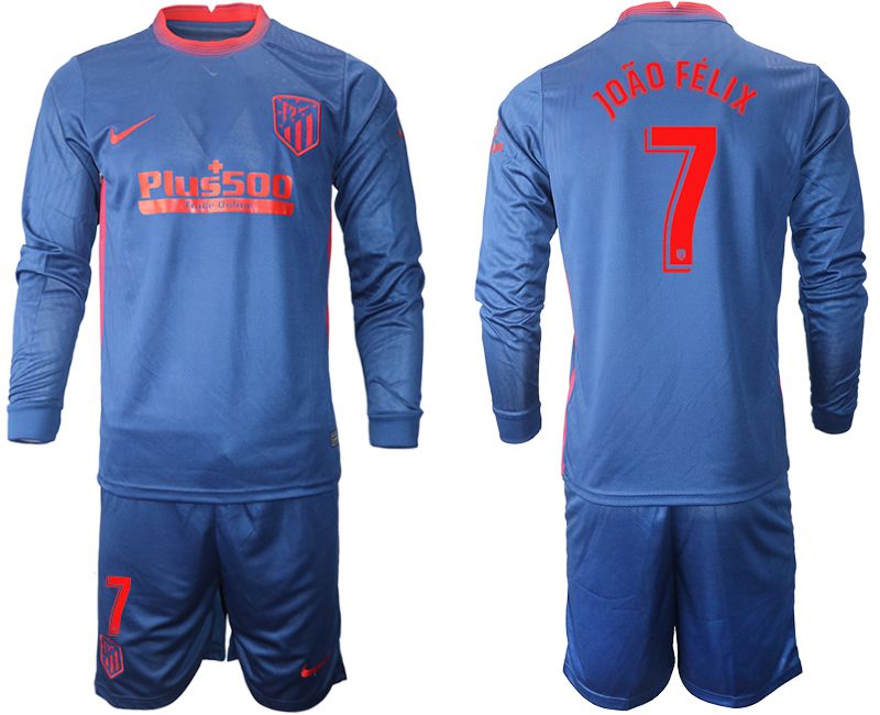 Men 2020-2021 club Atletico Madrid away long sleeves #7 blue Soccer Jerseys